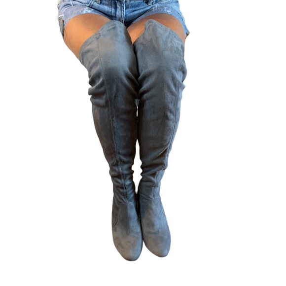 Gray faux suede over the knee boots block 2.5” heel size - Picture 8 of 16
